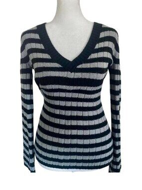 Derek Heart Grunge Emo Striped Knit Grey and Black Sweater